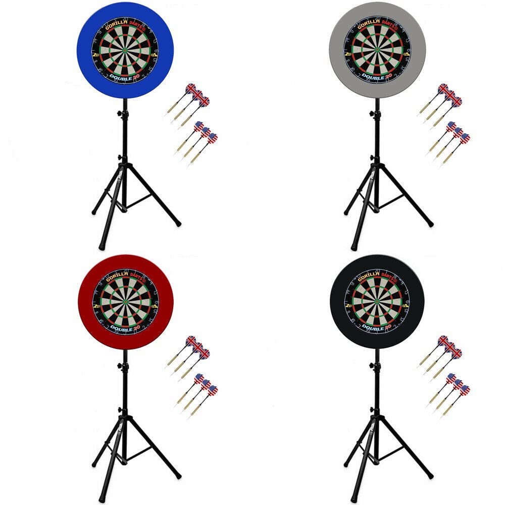 Gorilla Darts Set Double 20 Dartboard PU Plain Surround Arrow Pro Tripod Stand (Red)