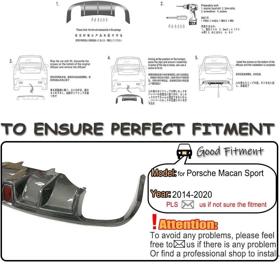 Carbon Fiber Rear Diffuser fits for Porsche Macan SUV 4Door 2014-2020 Factory Outlet CF Lower Bumper Lip Spoiler Body Kit (A Style)