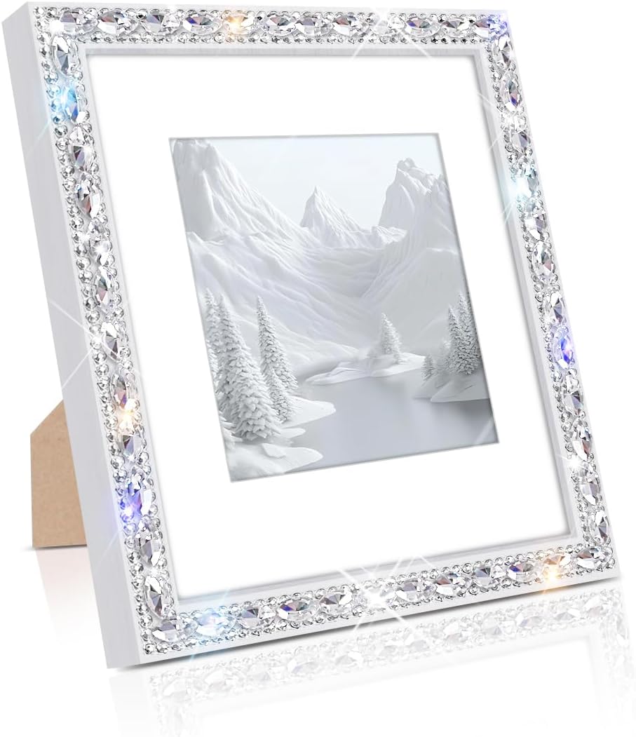 Square 10x10 Solid Wood Bling Picture Frame for Hanging Wall Decor,Display Picture 8x8 with Mat or 10x10 Without Mat,Glitter Sparkle Glass Diamond Rhinestone Lace Poster Photo Frame (White)