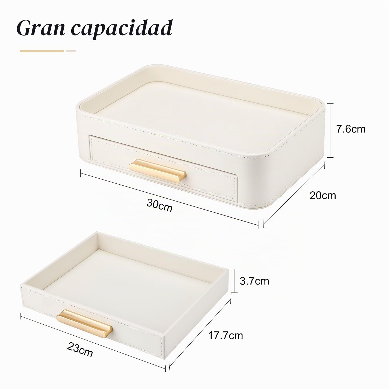 GORESE Bandeja para Joyas, Bandeja de Valet con Cajón Cuero Bandeja de Mesa de Noche Organizador Vaciabolsillos Escritorio Bandejas Decorativas para Llaves,Maquillaje,Joyería,Moneda(Blanco Marfil)