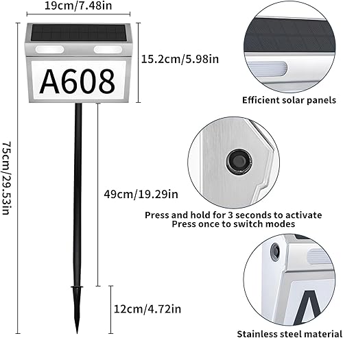 Miniatura 10 de Números solares de casa, letrero de dirección solar de acero inoxidable, números de casa impermeables, modos de iluminación de 3 colores, placa de