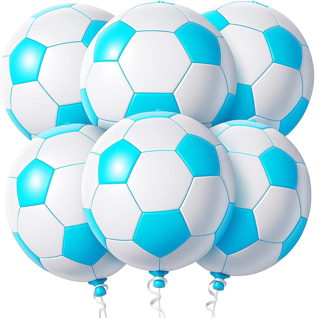KatchOn, Big 22 Inch Blue Soccer Balloons - Pack of 6, Blue Soccers Ball Balloons | Mylar Blue and White Football Balloon, Soccer Gender Reveal Decorations for Boys | Blue Football Decorations