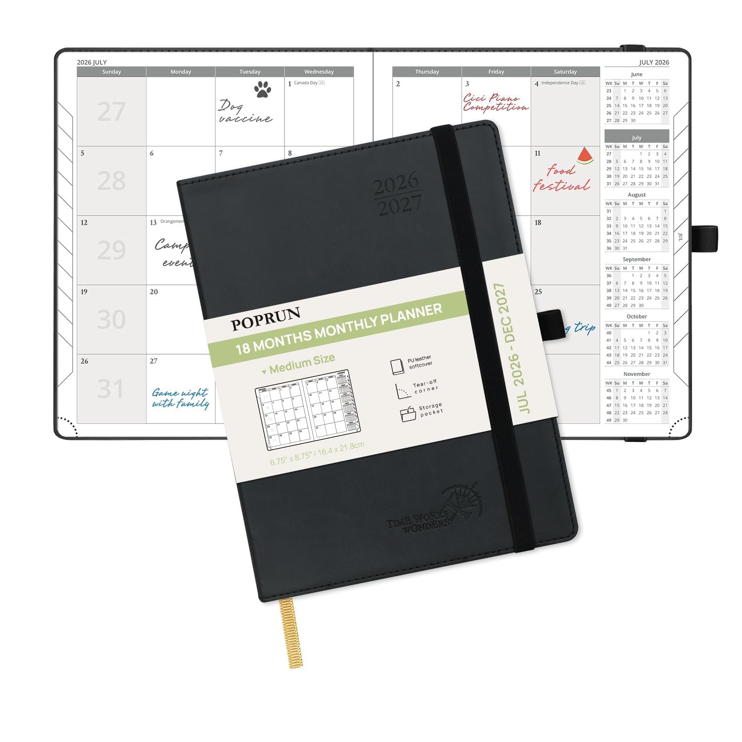 poprun monthly planner 2026-2027 (medium- 6.5'' x 8.5'' soft cover), 18-month calendar book (jul.2026-dec.2027), calendar planner with monthly tabs & pocket, 100 gsm paper - green 