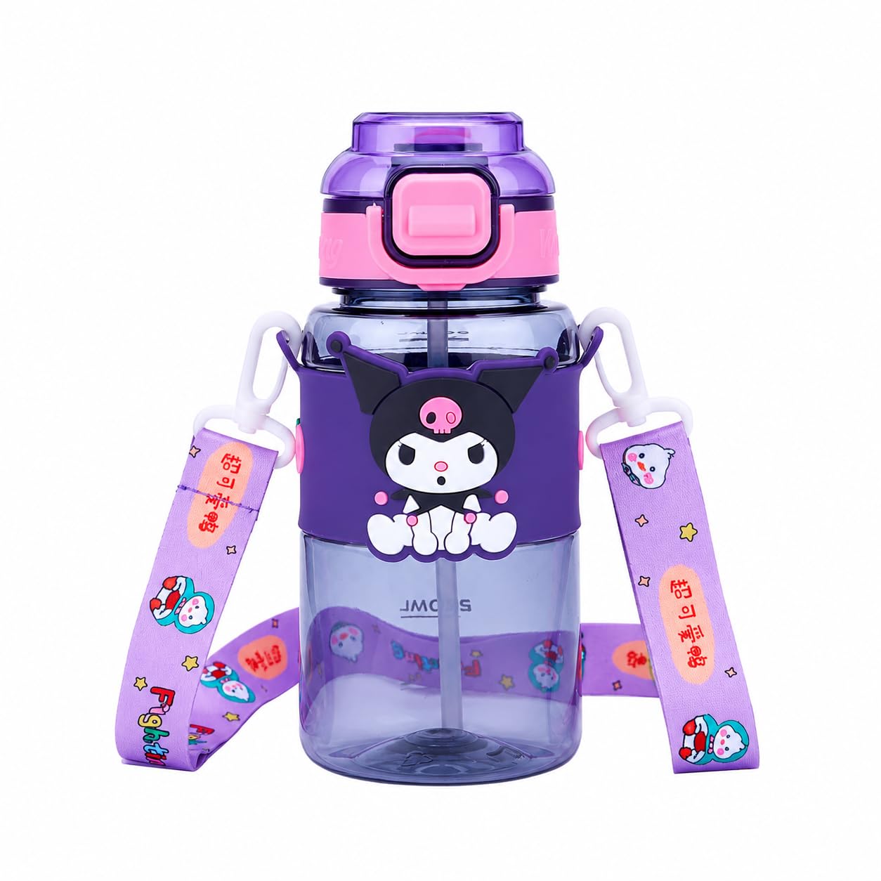 Kids Water Bottle 600ml with Straw & Carry Strap | BPA Free Leakproof Sipper Bottle for School, Travel & Picnic | Cute Cartoon Water Bottle for Boys & Girls | Reusable Drinking Bottle (Purple)