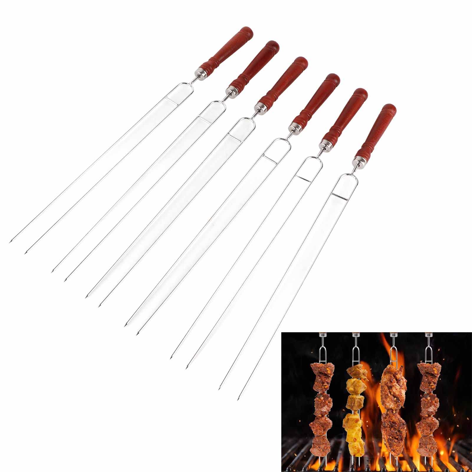 6 varillas para asar malvaviscos, brochetas ahumadas con cepillo para barbacoa, brochetas de acero inoxidable con mango de madera para parrilla, herramientas de cocina para barbacoa de grado alimentic