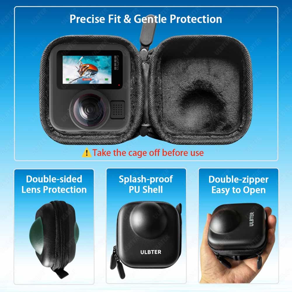 ULBTER Mini étui pour appareil photo GoPro Max 2 avec mousqueton acier inoxydable et dragonne