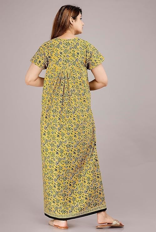Image of NILOUFO Women's Cotton Printed Maxi Nighty - Pack of 2 | Soft Ankle-Length Sleepwear Gowns for Women | Free Size Night Dresses (Red,MusterdYellow, Free Size)