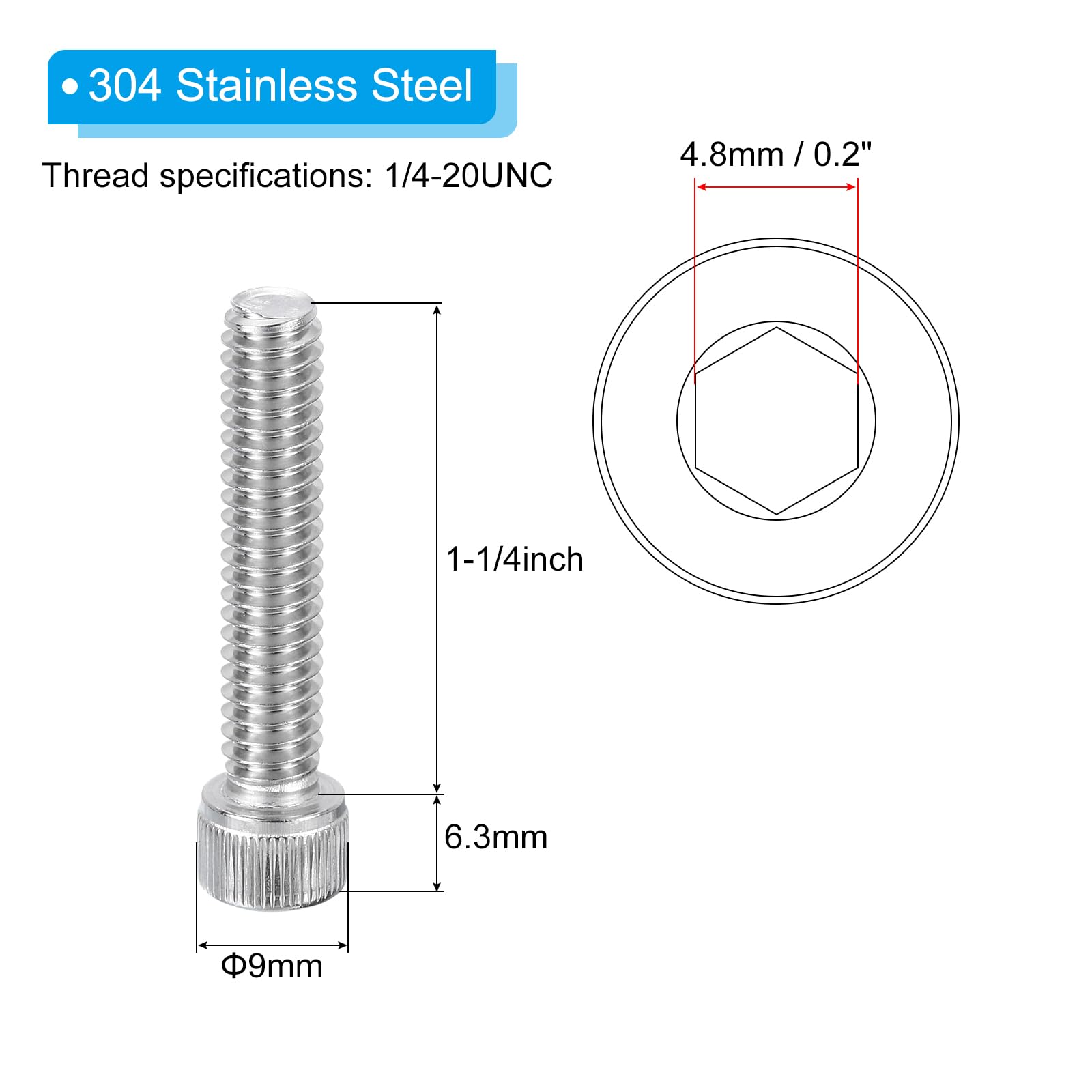 PATIKIL 1/4-20 x 1-1/4" Hex Socket Cap Head Screw Bolt, 20Pcs 304 Stainless Steel 18-8 - Image 2