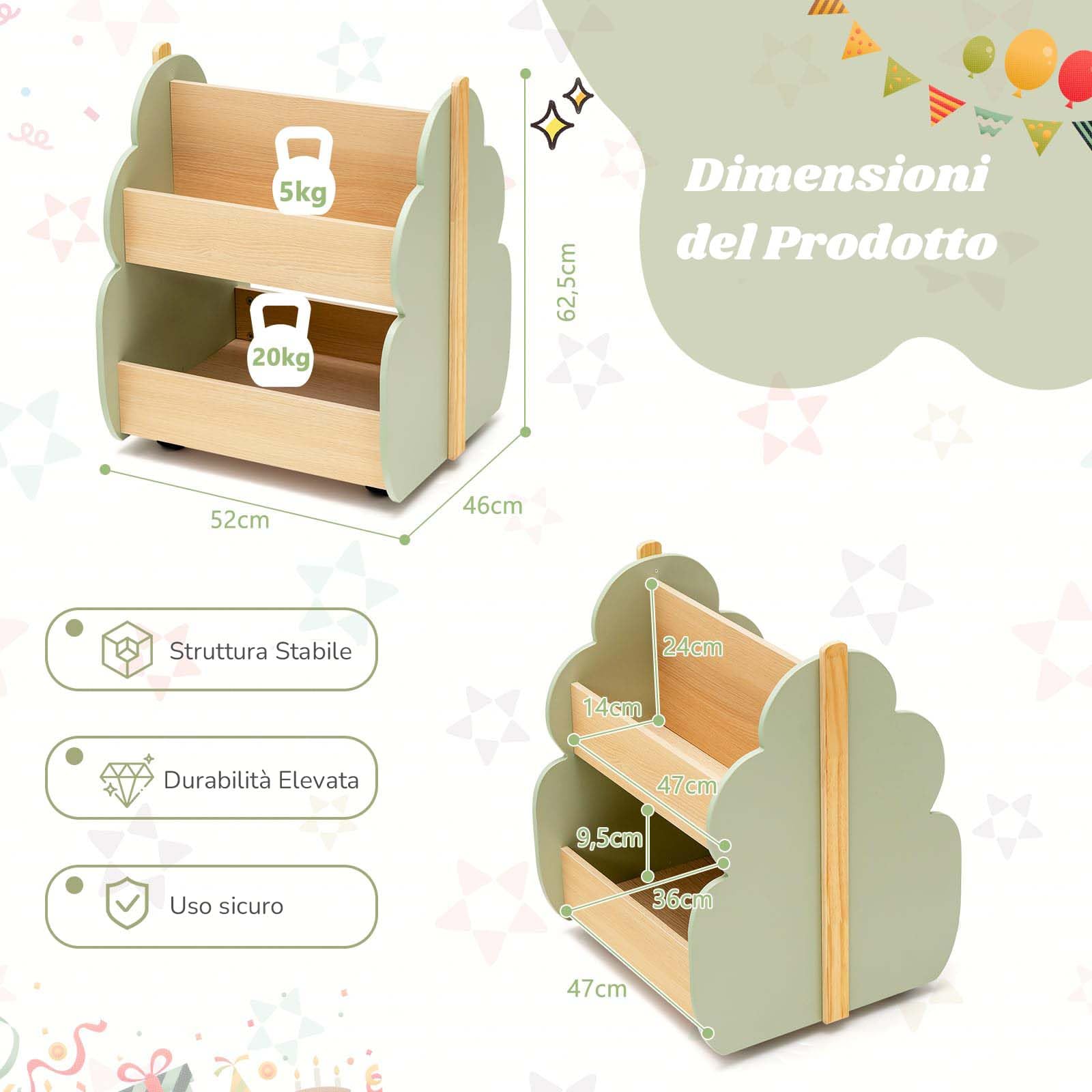 RELAX4LIFE Libreria per Bambini con Ruote, Carrello Porta Libri e Giocattoli in Legno, Libreria Scaffale a 2 Ripiani per Camerette e Asili, 46 x 52 x 63 cm (Verde, Albero)