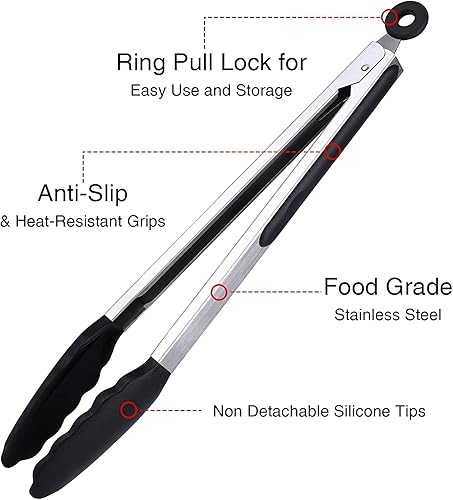 Miniatura 4 de Juego de 3 pinzas de cocina negras con puntas de silicona, pinzas antiadherentes resistentes al calor para asar a la parrilla, barbacoa, buffet y