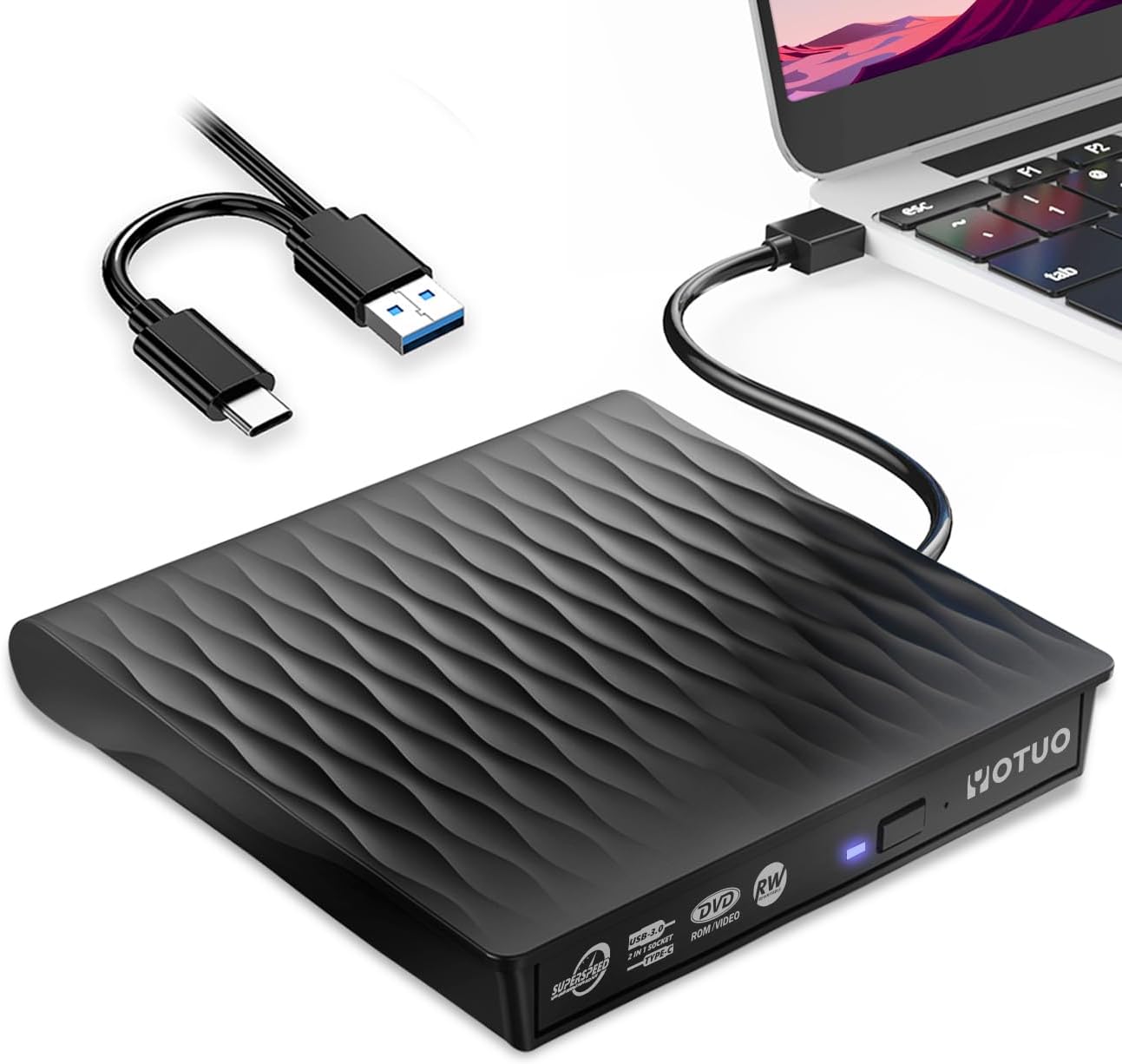 External CD/DVD Drive, Portable USB 3.0 USB-C CD RW Drive, DVD Player, DVD Burner for Laptop, Desktop, Compatible with Windows 7/8/10/11, Mac, MacBook Pro/Air, Linux (Dual Sockets in One) - Image 1 of 7
