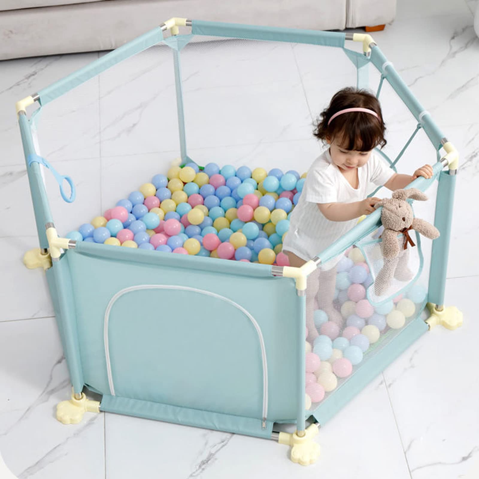 Jolan Hexagon Baby Playpen,Portable Baby Fence,Indoor Outdoor Kids Safety Playard Crawling Playpen,Pink/Green/Grey,Including 20 Ocean Balls,1 Mat,1 Basketball Hoop,1 Hand Pull Ring,Green-125×65×65cm