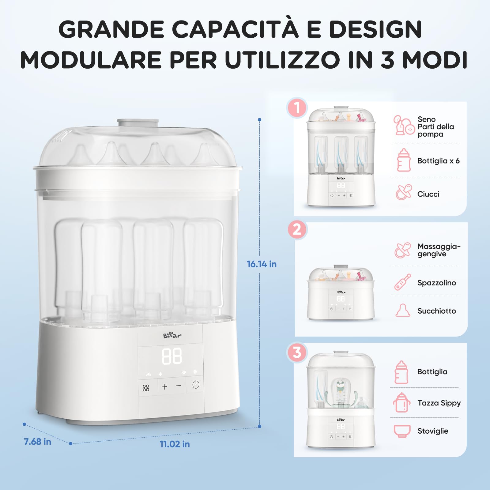 Bear 2025 Sterilizzatore per biberon con funzione di essiccazione, 4 in 1 Auto Bottiglie Sterilizzatore Baby con funzione Storge 48H, Sterilizzatore per articoli per neonati, biberon e accessori per