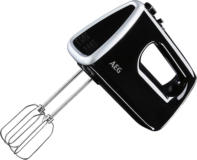 AEG HM3310 Handmixer, Power-Motor, 5 Stufen, Rührgerät, Rührbesen aus Edelstahl für optimale Schlag Rührergebnisse, 2 gehärtete Edelstahl-Rührbesen, spülmaschinenfest), Schwarz/Silber, 350 W
