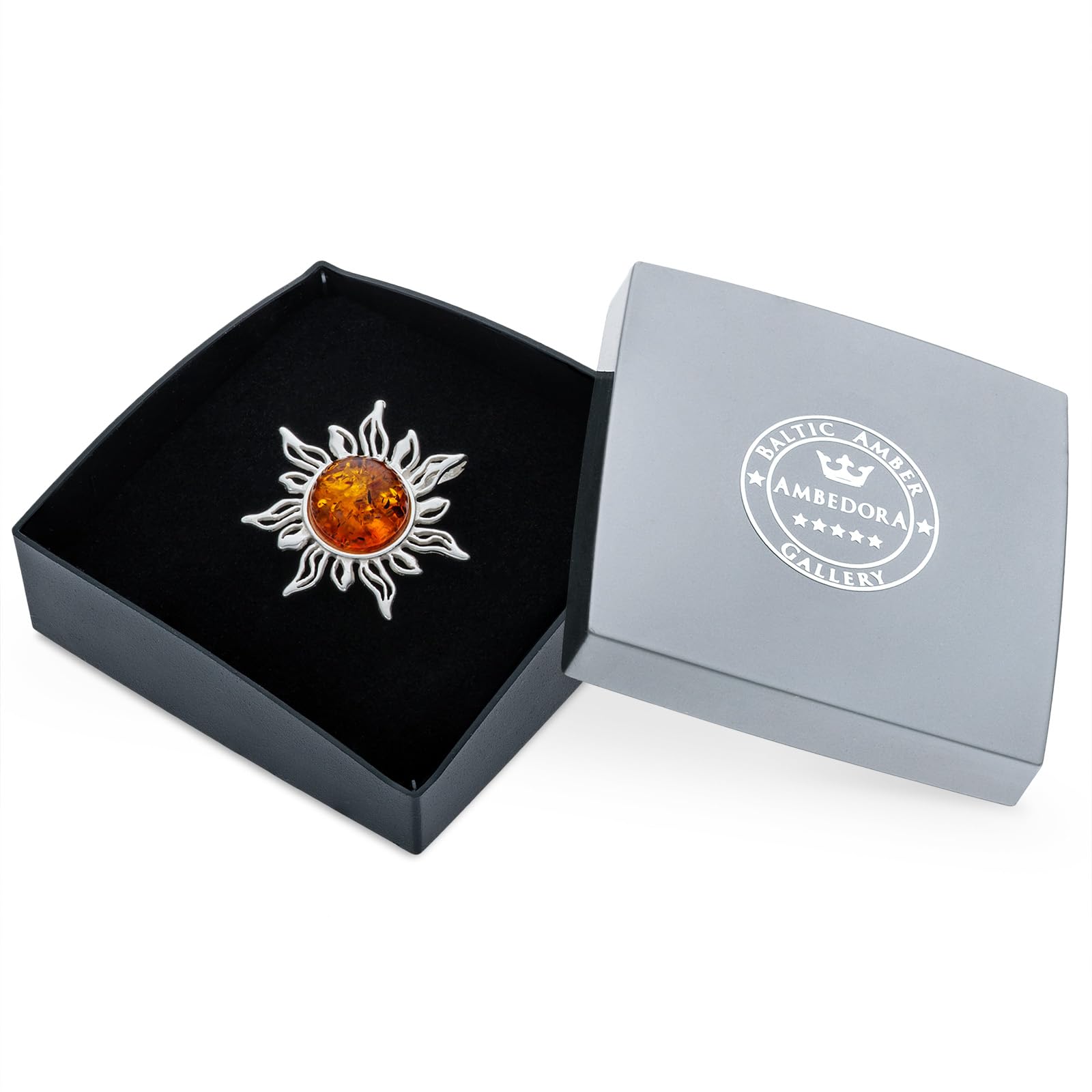 Spilla Sole da Donna in Argento con Ambra, Argento Sterling Lucidato, Ambra Baltica Naturale Color Cognac