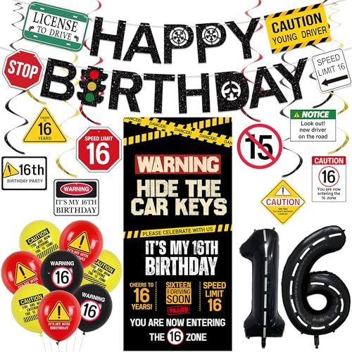 Roetyce 16th Birthday Decorations Boys Girls Hide The Car Keys Happy 16th Birthday Banner Backdrop Balloons Hanging Swirls Caution Logo Themed 16 Years Old Party Yard Door Wall Cover Background