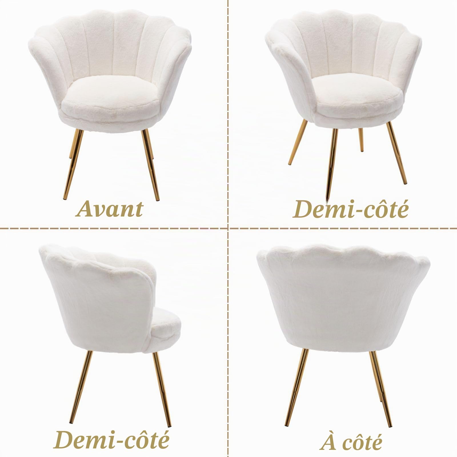 Ya-Home Fauteuil pour Salon et Chambre Chaise de Coiffeuse Rembourrée Chaise de Maquillage Moderne avec Pied Doré Sièges Coiffeuse Confortable, Fausse Fourrure, Blanc