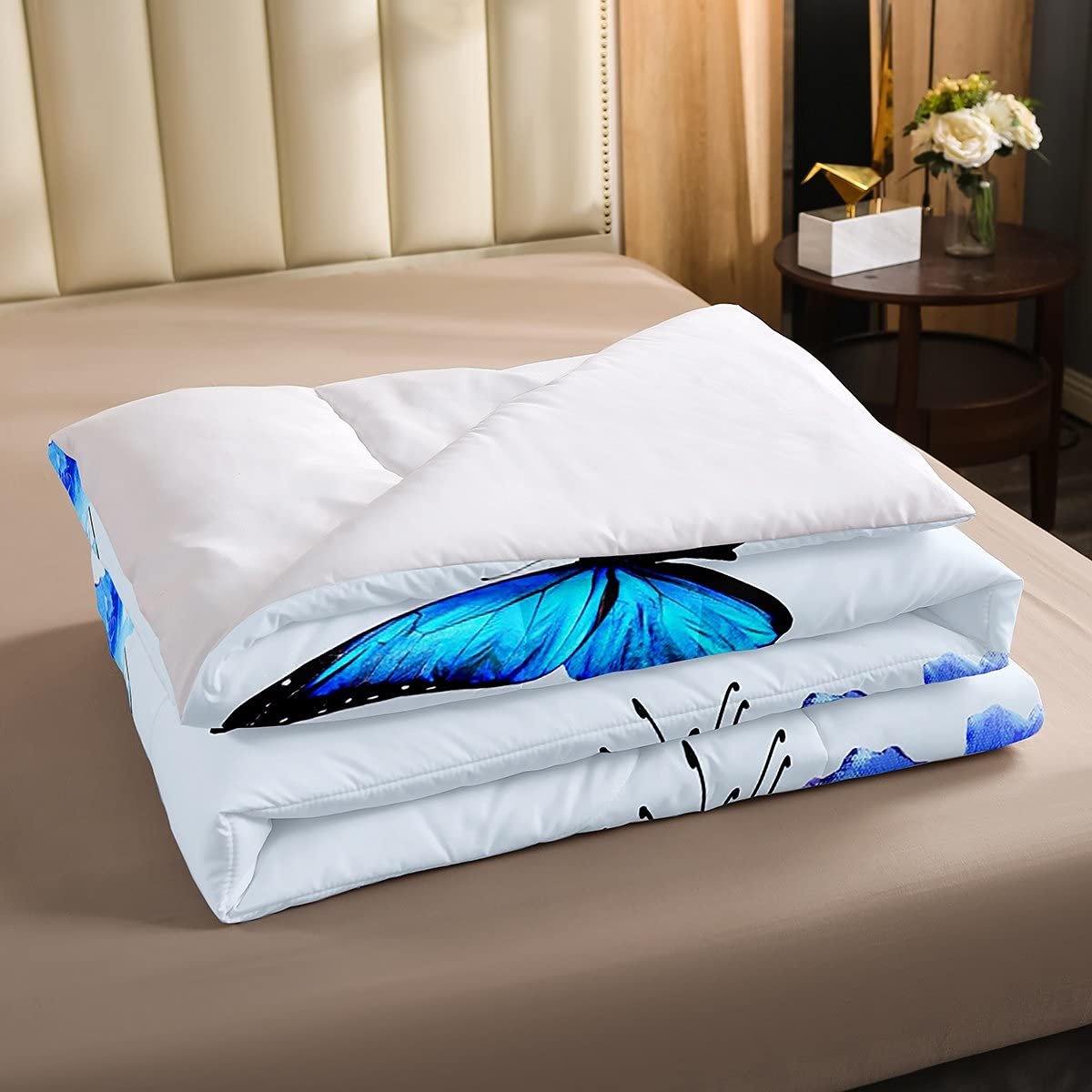 Erosebridal Blue Butterfly Comforter Set Full Blue Blossom Floral Bedding Set for Kids Girls Women Bedroom Decor Duvet Set Butterflies Chic Garden Style Quilt Set Spring Romantic White Comforter Set