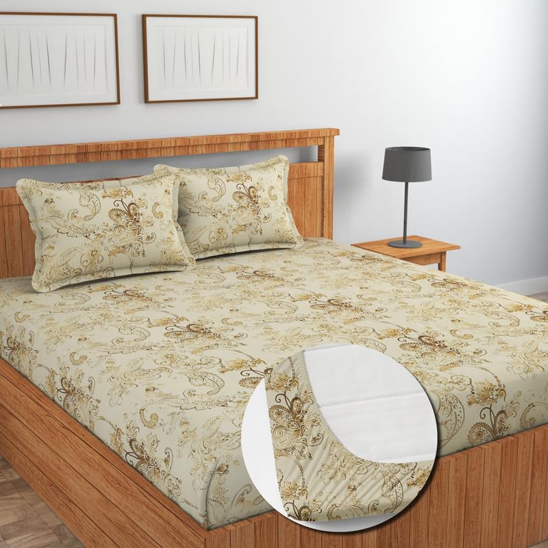 Image of NEW LEAF Cotton Fitted King Size Bedsheets with 2 Pillow Covers | Elastic Fitted | Wrinklefree | Ultrasoft |Winter Bedsheet 220 tc tc Floral | 710x72+10 Inches, Pista