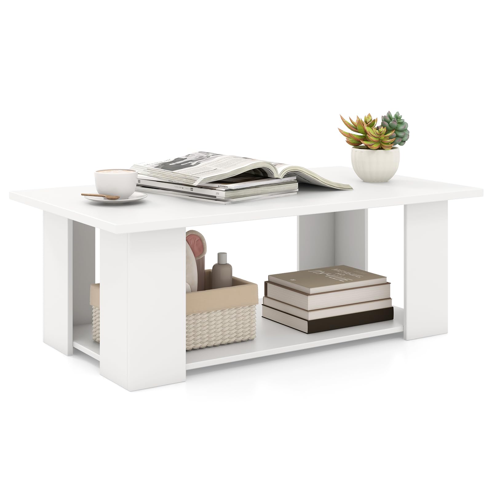 Coffee Table 2-Tier Center Table with Open Storage Shelf Rectangular Cocktail Table w 5 Support Legs Wood Modern