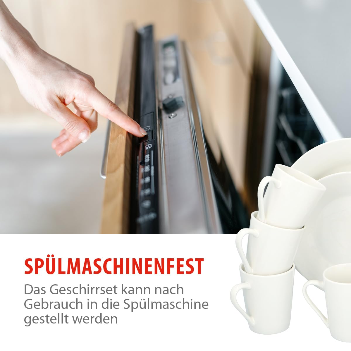 alpina Geschirrset für 4 Personen - Teller- und Schüssel Set - Steingut Geschirr Set - Speiseteller, Dessertteller, Schüsseln und Becher - Mikrowellen- und Spülmaschinenfest - Weiß
