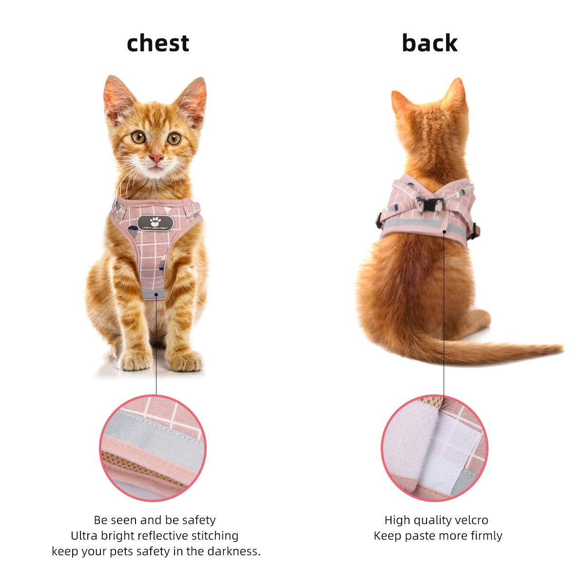 Dog and Cat Universal Harness with Leash Set Escape Proof Cat Harnesses Amidaky Adjustable Reflective Soft Mesh Pet Vest (L, Pink)