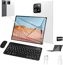 3 em 1 Tablet, com Capa/Teclado/Mouse, 10.1 Polegada, 1920×1200 Tela, 1920x1200 Tela Processador Octa-Core, 12GB RAM+512GB ROM, Câmera de 16MP + 32MP, Android 15, 8000mAh, Versão WiFi (branco)