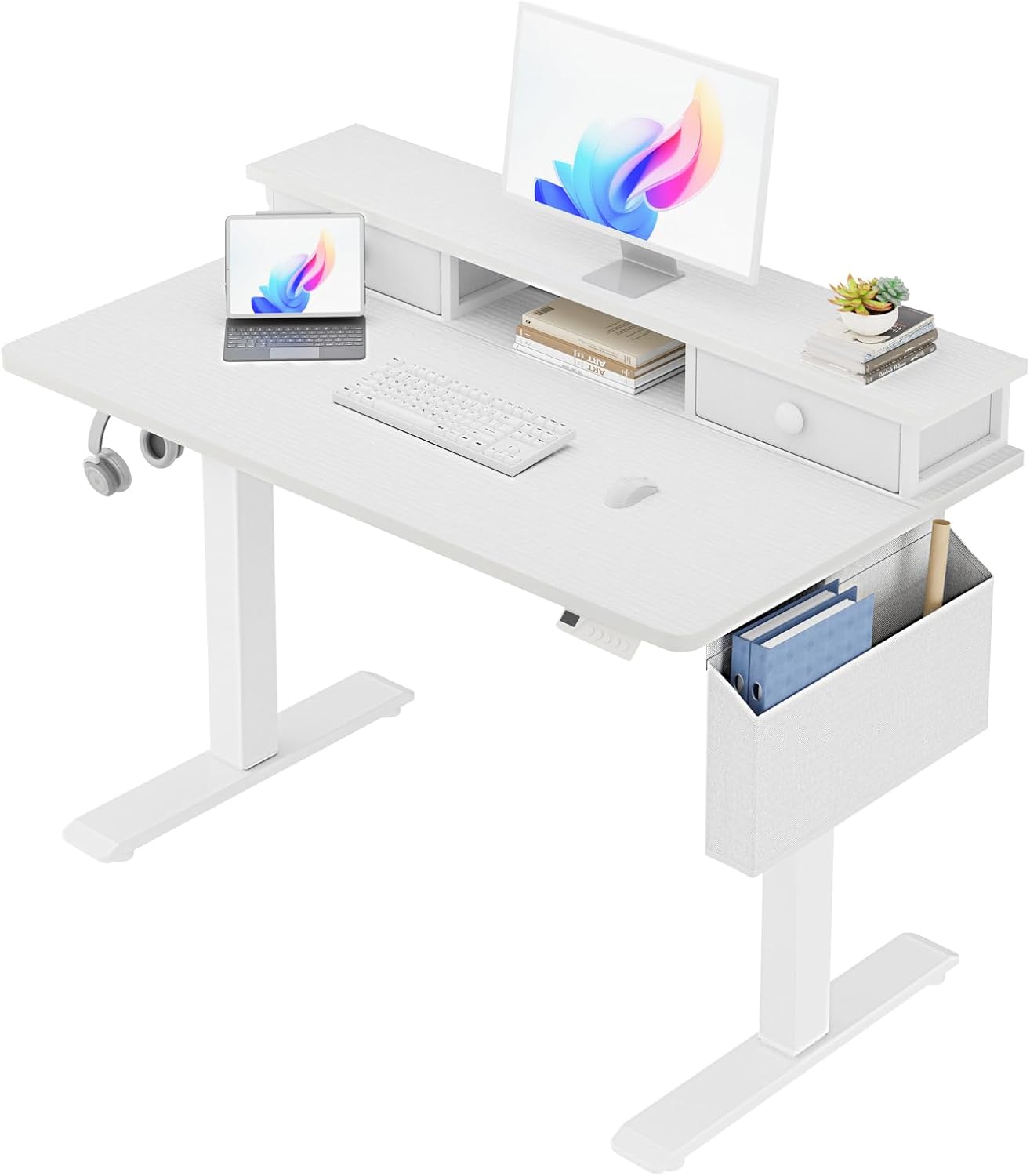White Electric Standing Desk with Drawers - 40 Inch Small Standing Desk with Shelf Monitor Stand Storage Height Adjustable for Home Office, Study Writing Girls Computer Sit Stand Desks for Bedroom White 39.4''