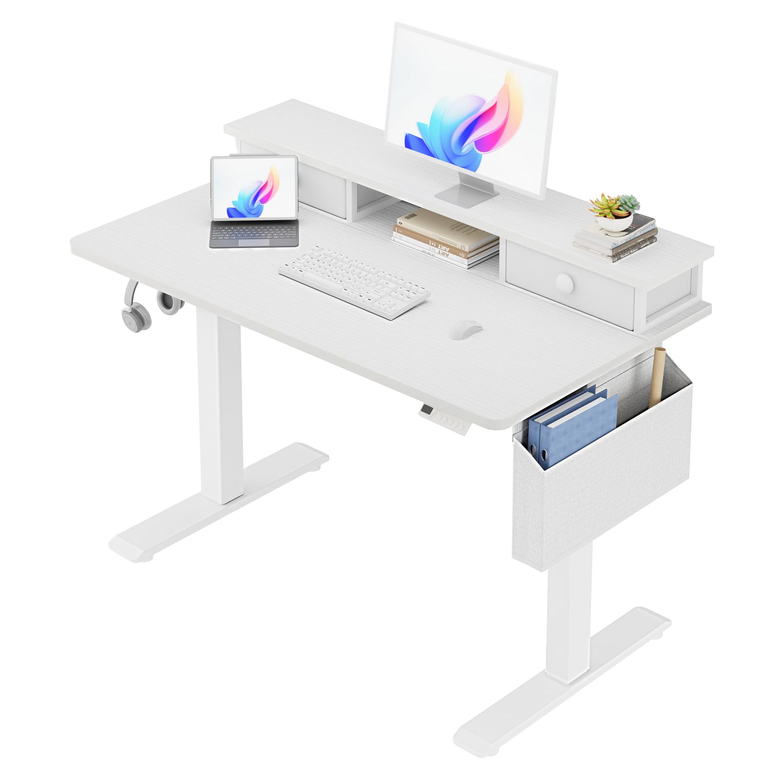 White Electric Standing Desk with Drawers - 40 Inch Small Standing Desk with Shelf Monitor Stand Storage Height