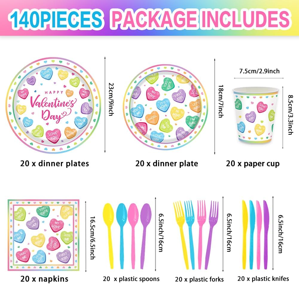 140Pcs Colorful Valentine's Day Party Decorations Tableware Conversation Heart Plates and Napkins Valentine's Day Party Supplies Heart Paper Plates for Couples Dates Wedding Party Decor,Serve 20 Guest - Image 2