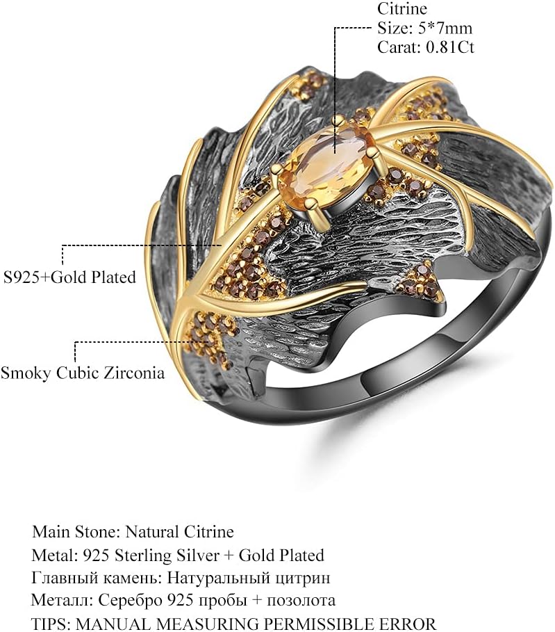 Kemstone 0.81Ct Natural Citrine Ring Designer Leaf Jewelry 925 Sterling Silver Ring for Women,K230809R