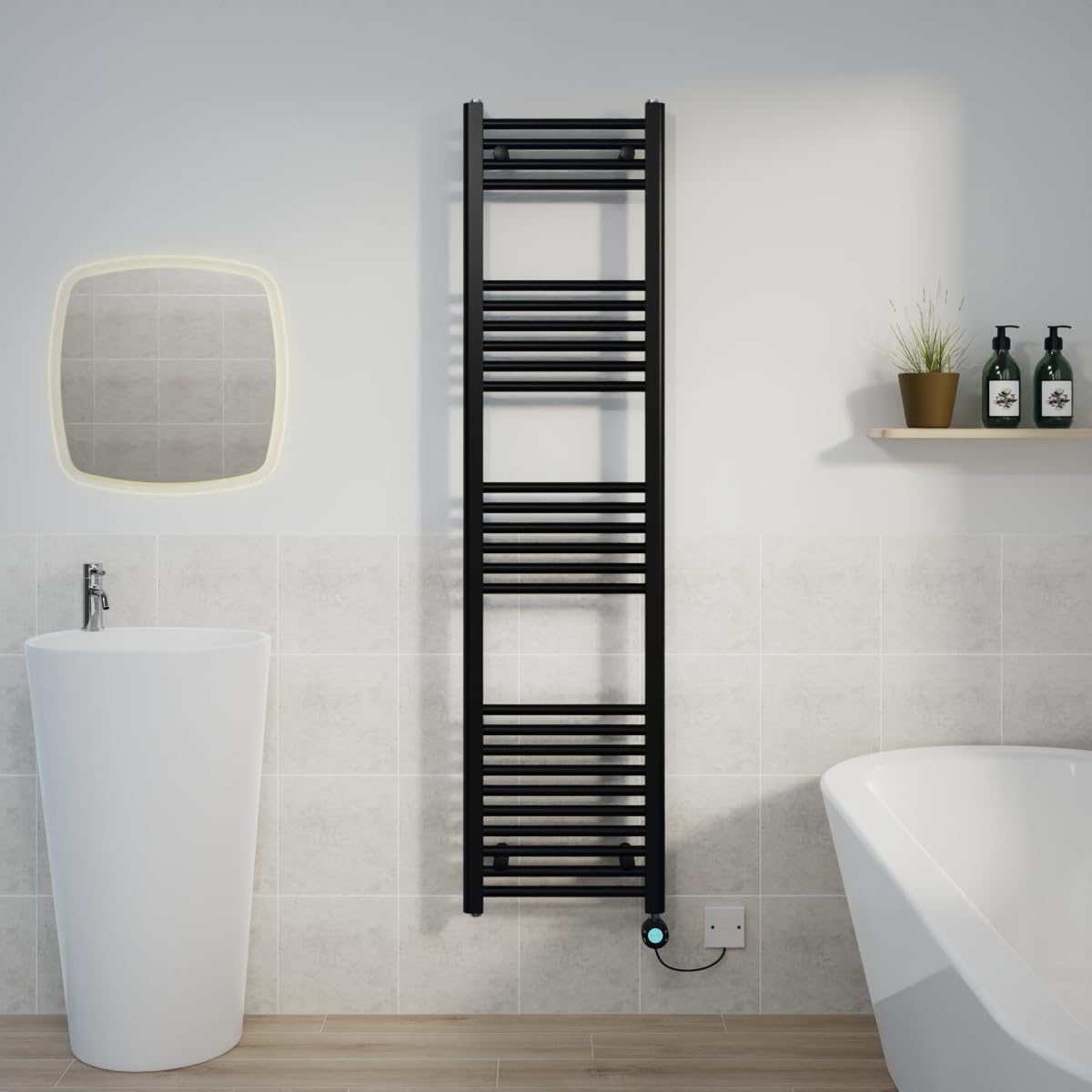 Warmehaus Black Electric Heated Towel Rail Straight Thermostatic Bathroom Towel Radiator with Timer - 1600x400mm 800W