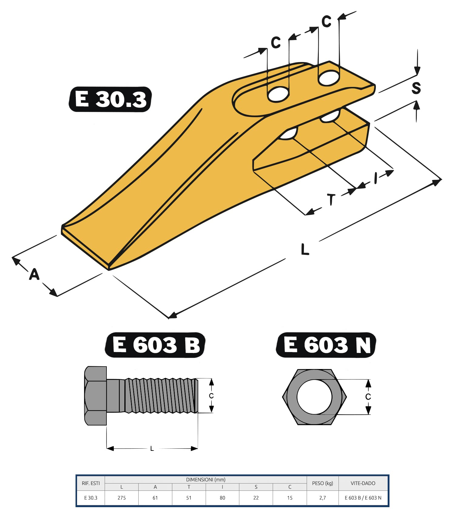 Dente per benne E30.3 denti a forcella escavatori benna miniescavatore minipala bobcat