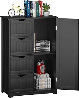 CASART Storage Cabinet, Bathroom Floor Cabinet with 1 Cupboard and 3/4 Drawers, Wooden Freestanding Cupboard for Living Room, Bathroom, Entryway and Office (Black, with 4 Drawer)