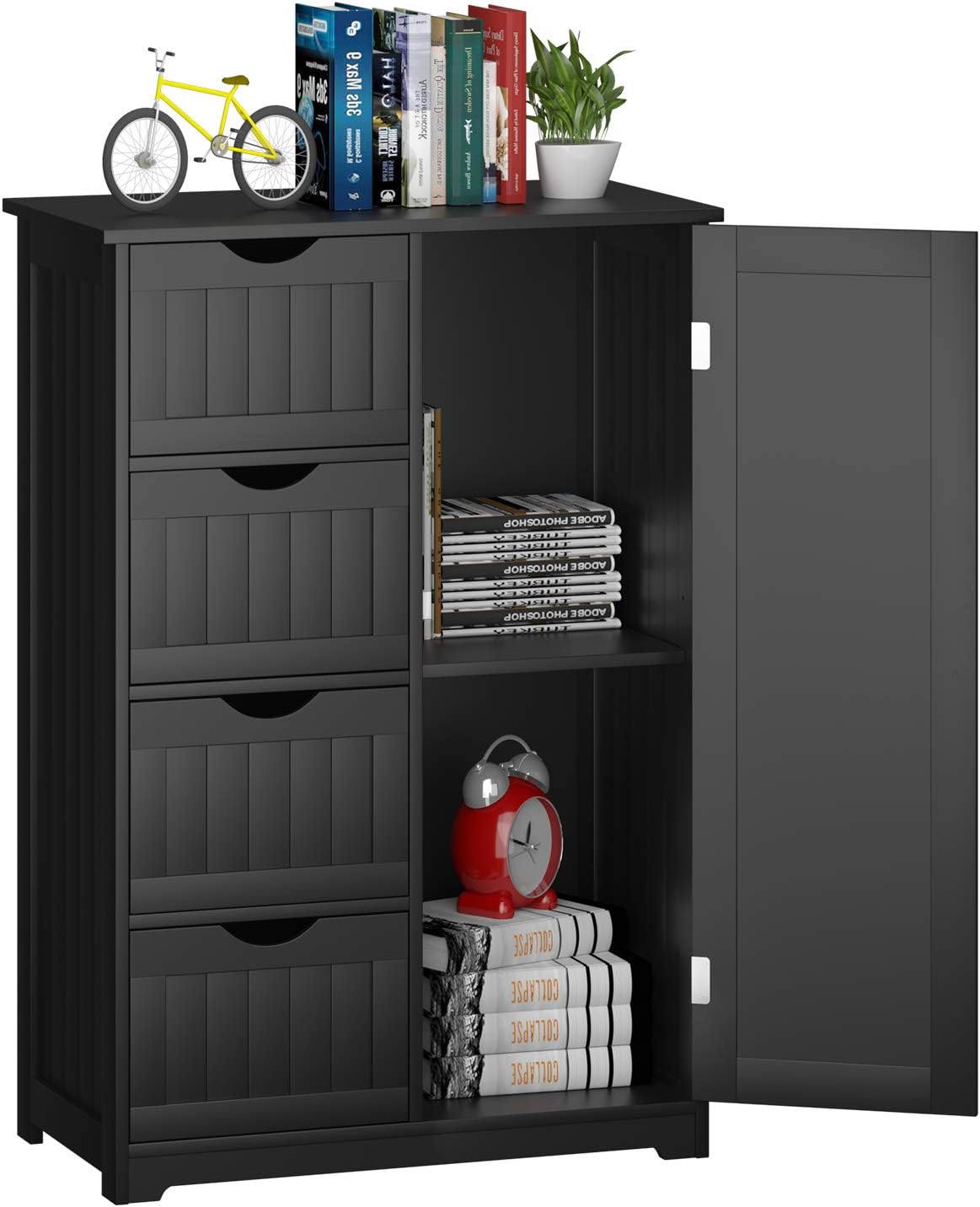 CASART Storage Cabinet, Bathroom Floor Cabinet with 1 Cupboard and 3/4 Drawers, Wooden Freestanding Cupboard for Living Room, Bathroom, Entryway and Office (Black, with 4 Drawer)