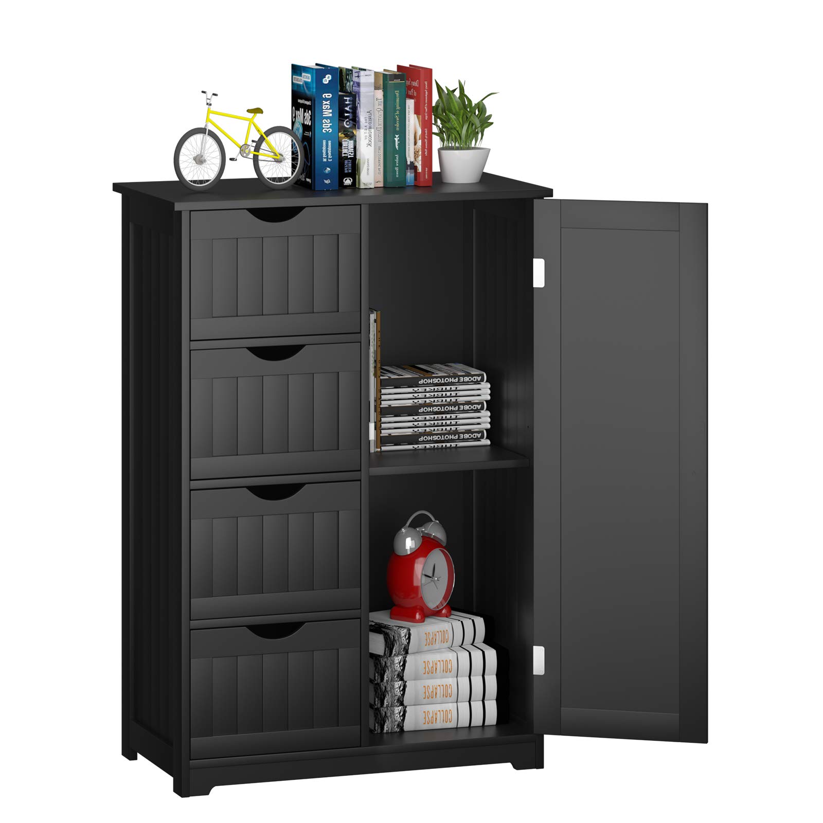 CASART Storage Cabinet, Bathroom Floor Cabinet with 1 Cupboard and 3/4 Drawers, Wooden Freestanding Cupboard for Living Room, Bathroom, Entryway and Office (Black, with 4 Drawer)