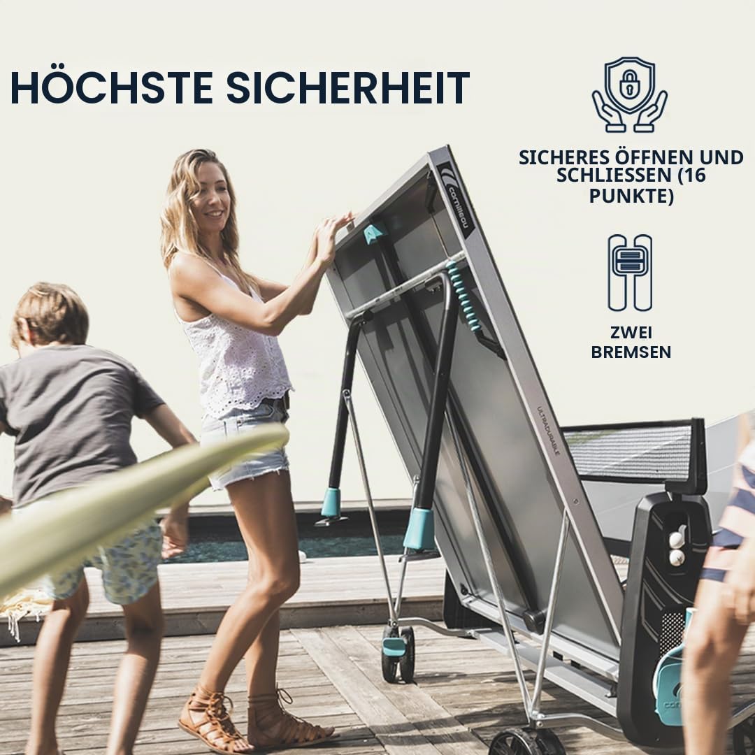 Cornilleau 300x - Outdoor Tischtennisplatte - Klappbar - Einfach zu bedienen - 5 mm Melaminharzplatte - TÜV geprüft-Tischtennistisch für draußen - Turniermaße - Grau oder Blau