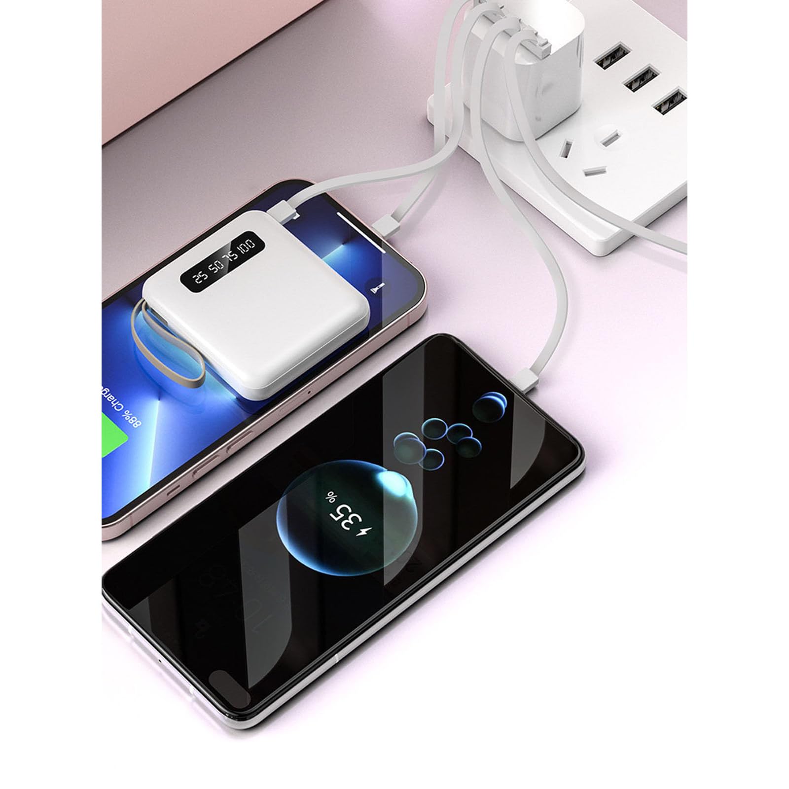 Caricabatterie Portatile Power Bank 20000 mAh con Display, Ricarica Rapida, Power Bank con Ricarica Rapida per Telefono Cellulare, Alimentazione Mobile A 4 Cavi,Viola