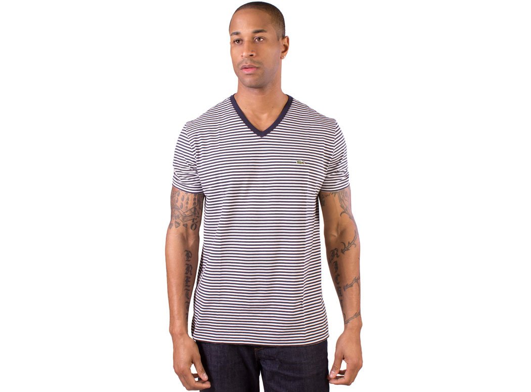 Lacoste Men's Short Sleeve Heritage Stripe V-Neck Jersey T-Shirt Navy Blue/White XL (EUR 7)