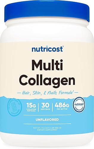 Nutricost Complejo de proteínas de colágeno múltiple (sin sabor, 30 porciones) - Suplemento con biotina, ácido hialurónico y péptidos de colágeno