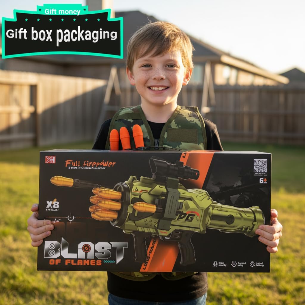 Children's Foam Rocket Launcher Toy Soft Bullet Launcher RPG Toy Gun Set Tactical Vest Battle Game (Green, Upgraded Package)
