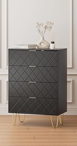 Miniatura 5 de Cómoda de 4 cajones, cajón, armario de almacenamiento alto con manos y patas de metal dorado, cómoda pequeña para dormitorio, sala de estar,