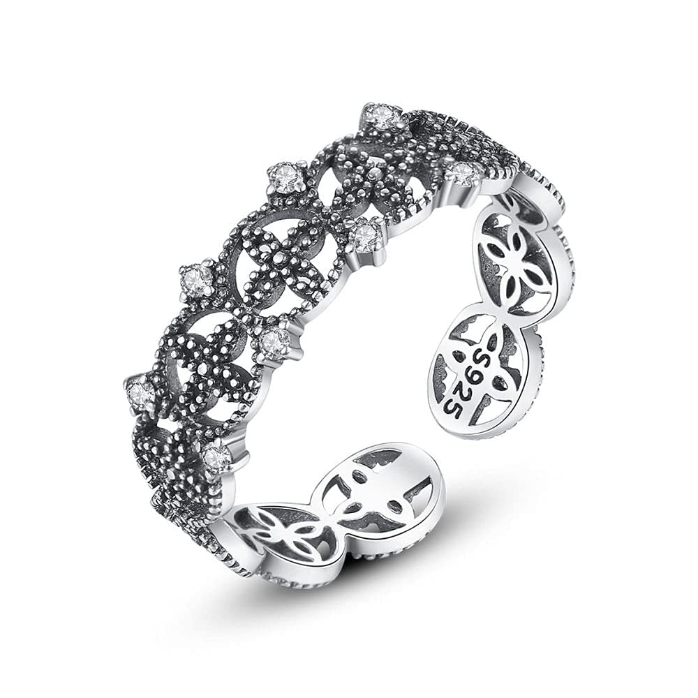 Anello da dito aperto regolabile S925 da donna - Vecchio anello congiunto realizzato in stile vintage, anello a coda larga Fantai vuoto impilabile, regali di compleanno economici per le donne