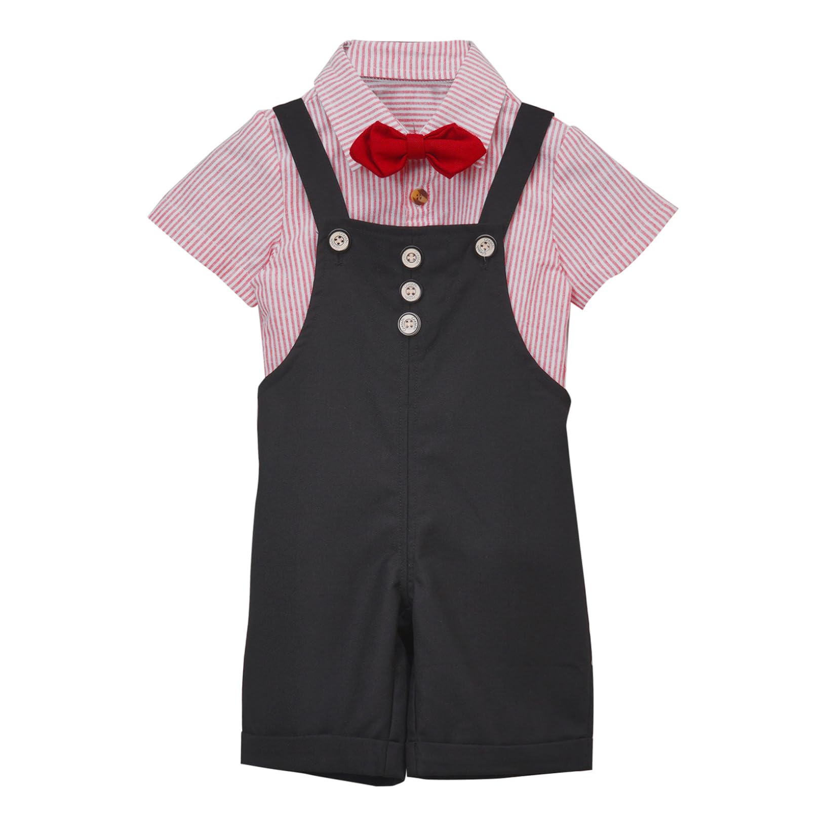 Yeahdor Toddler Boys Gentleman Clothes Suit Short Sleeve Bowtie Shirts Suspender Pants for Wedding Party Black&Pink 12-18 Months