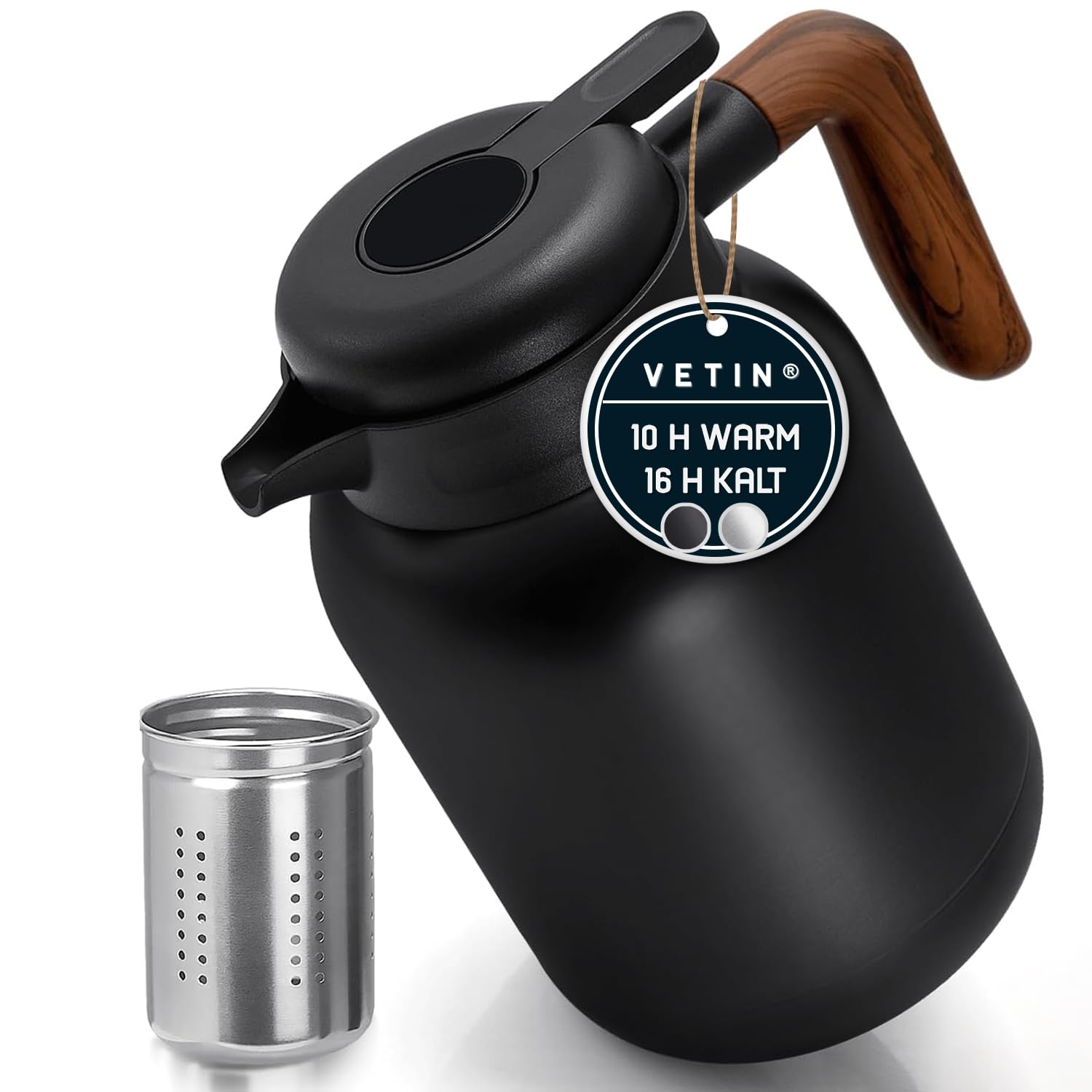 VETIN Thermoskanne mit Teesieb 1,5L aus 304 Edelstahl, Kaffeekanne Thermo | Auslaufsicher, 10 h Heiß & 16 h Kalt, für Tee, Kaffee und Kalte Getränke (Kunststoffgriff)