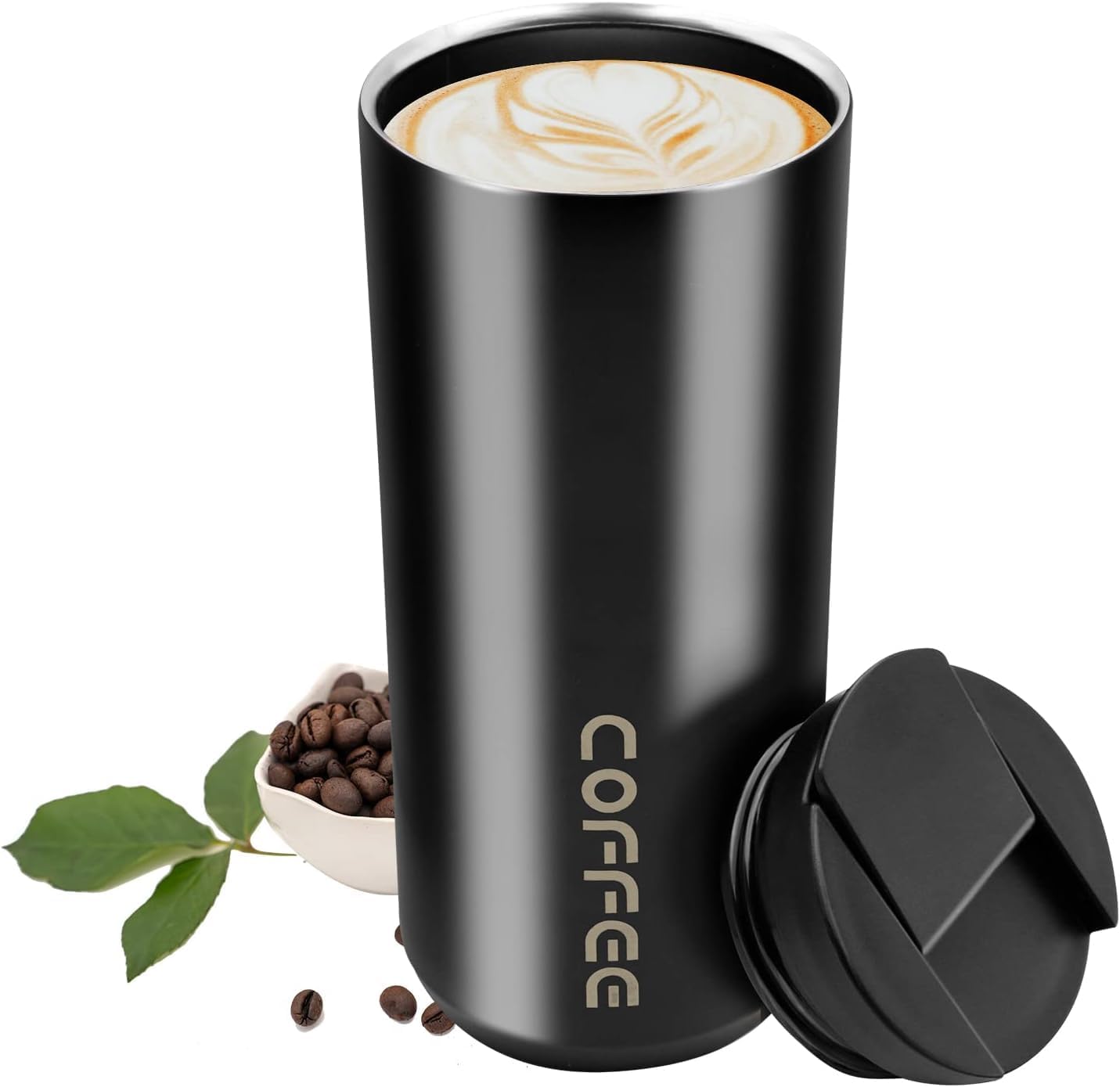 Tasse Voyage Isolée En Céramique 500 Ml - Double Paroi, Couvercle Anti-fuite, Poignée Ergonomique, Blanc Crème