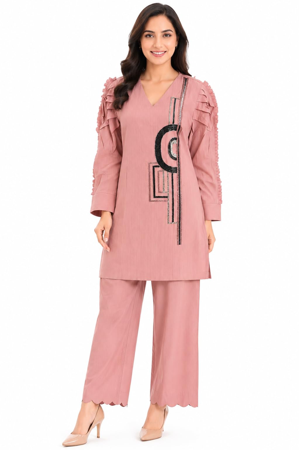 Women's Pink Kurti and Palazzo Co-ord Set with Embroidery-image-36