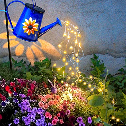 ZYLiWoo Blue Solar Watering Can with Light,Solar Powered Waterfall Lights 1 Pack 60 LED(Includes Shepherd Hook) for Garden,Yard, Path, Christmas Holiday Decoration