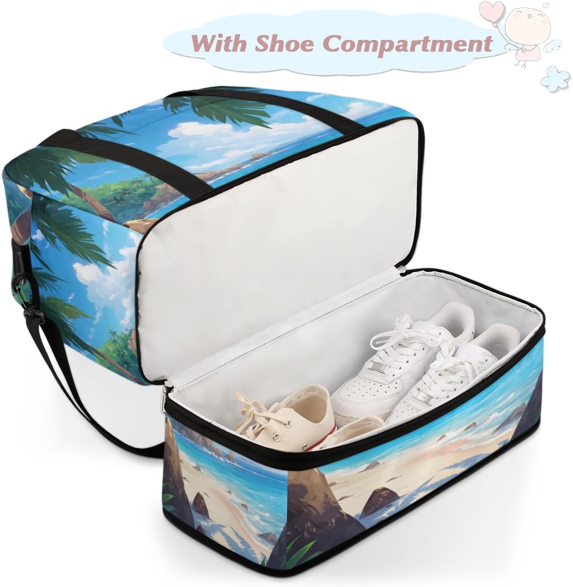 QsirBC Sandy Beach Pattern Theme Gym Bag for Women Duffle Tote with Shoes Compartment Men Weekender Duffel for Dance Travel Sports Swimming Overnight