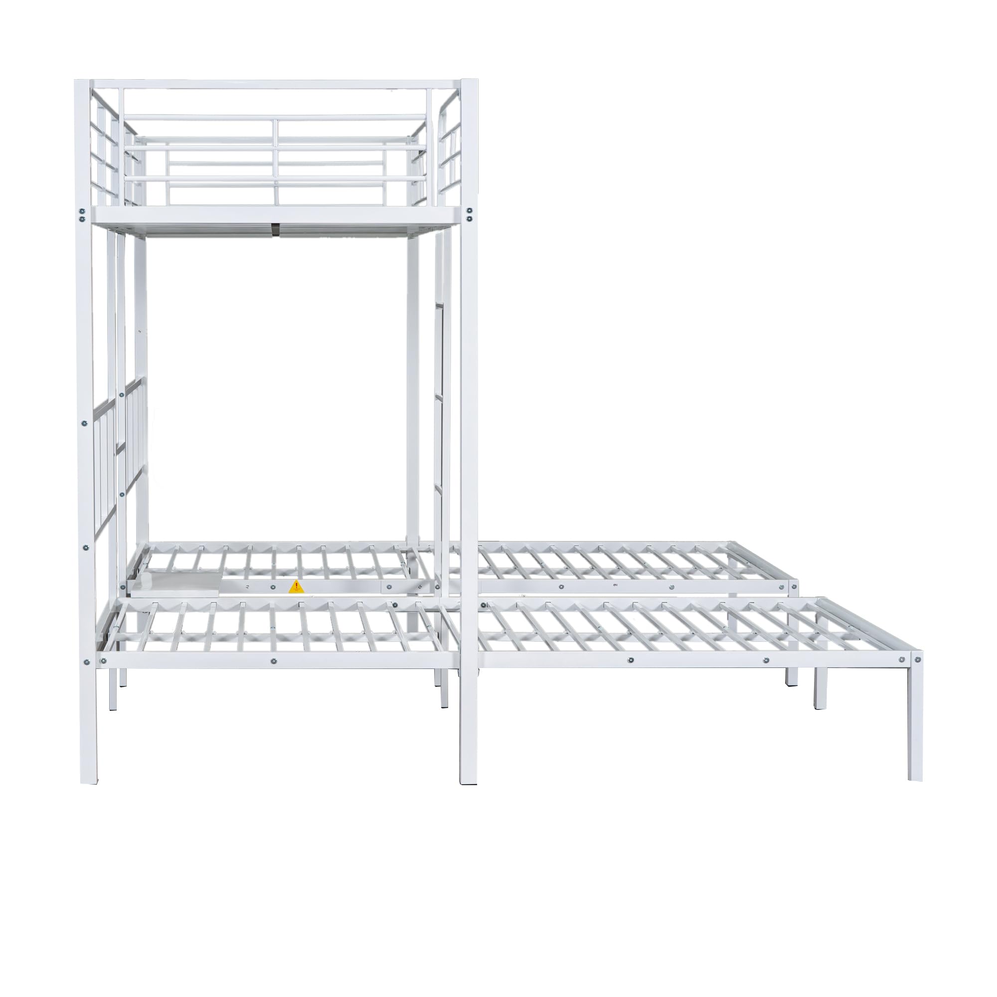 Litera triple con escalera para niños y adolescentes, cama de hierro con rejilla anticaídas y mesa, 90 x 200 cm x 3 (blanco)